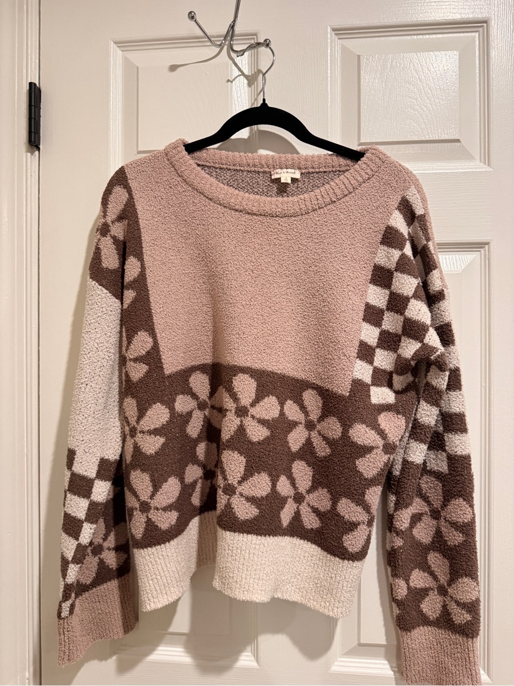 Knox Rose Floral Checkerboard Cozy Knit Sweater Women’s Large Brown Blush Cream
